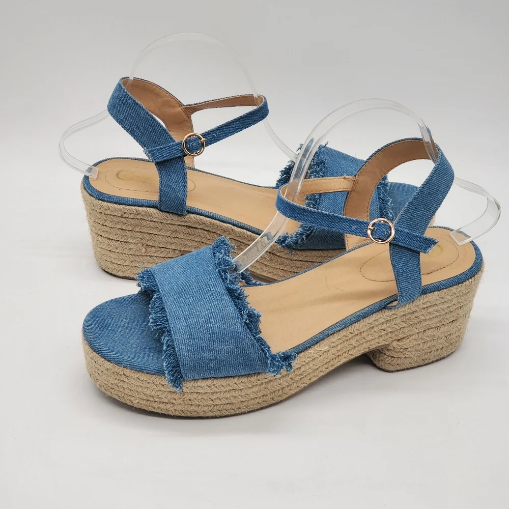 C Comfort Frayed Denim Espadrille Block Heel Platform Sandals Size 11
